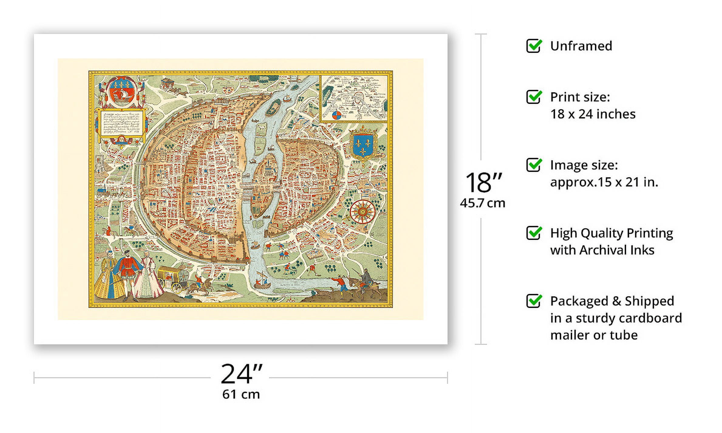 Paris France - Map of the City - Vintage Pictorial Map c.1578