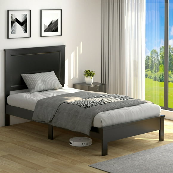 Gymax Twin Size Bed Frame Platform Slat High Headboard Bedroom Rubber Wood Leg Black