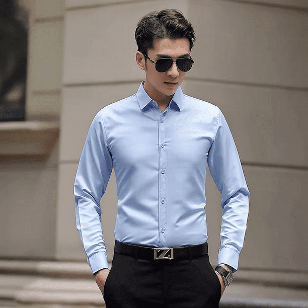 Camisa blanca de manga larga para hombre, ropa de trabajo profesional informal de negocios, suaviza tu silueta, camisa de traje con cuello cuadrado sin arrugas