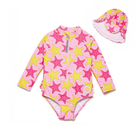 BONVERANO Baby Girls Swimsuit UPF 50  Sun Protection, Long Sleeve Zipper One Piece Swimwear, Ruffle Toddler Bathing Suit（Starfish 6-9months）