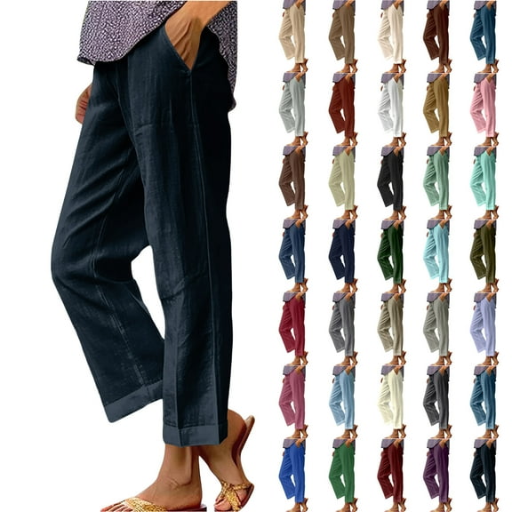 QATAINLAV Linen Pants for Women Casual High Waisted Straight Leg Cropped Trousers Solid Color Comfy Soft Lounge Capri Pants with Pockets Beach Vacation Clothes Gray XXXL Todays Sales