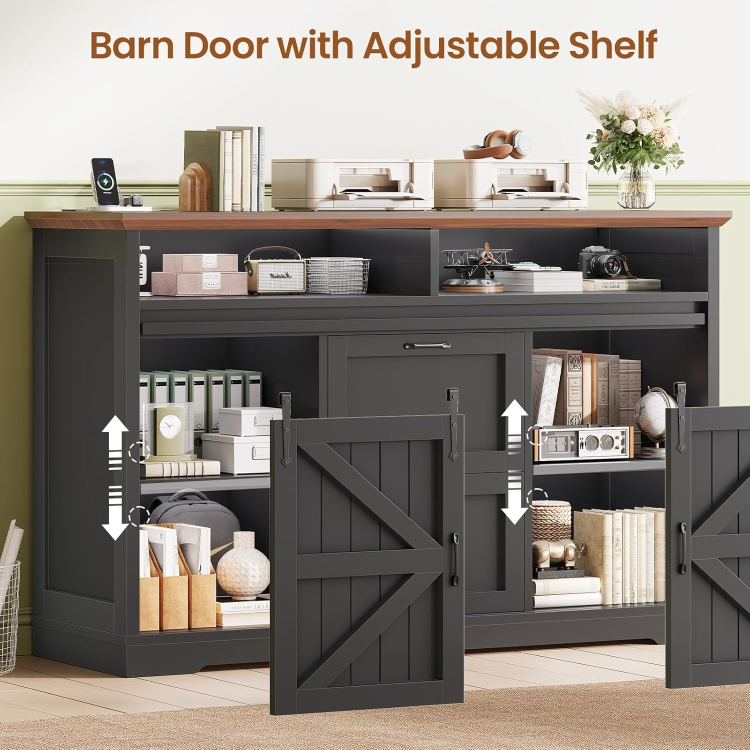 Farmhouse File Cabinet with 2 Drawers, 47" Horizontal filing cabinet with LED Lights & Power Outlets for Office, Filing Cabinet with 2 Sliding Barn Doors, Large Storgae Cabinet for Home, Black