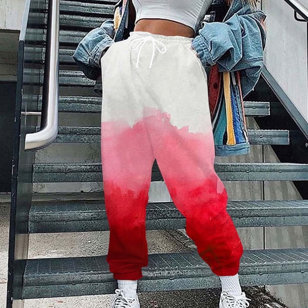 Puntoco Pantalones De Chándal Con Cordón En La Cintura Elástica Y Bolsillos Estampados A Rayas A La Moda Informal Para Mujer Sandía Rojo Xxl