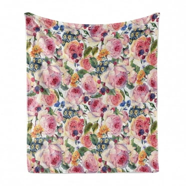 Shabby Flora Soft Flannel Fleece Throw Blanket, Country Life Design with Flowers Florals Roses Orchids Buds Romantic Print, Cozy Plush for Indoor and Outdoor Use, 70" x 90", Multicolor, by Ambesonne