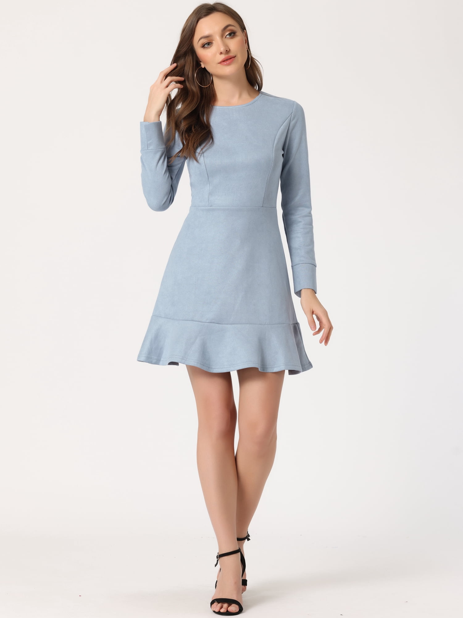 Unique Bargains Women's Faux Suede Ruffle Hem Long Sleeve Mini Dresses S Grey Blue