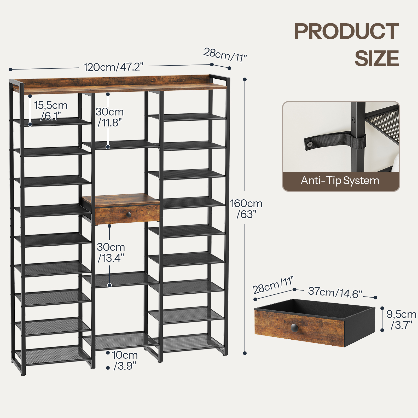 HOOBRO 10-Tier Shoe Rack Tall, Shoe Storage Organizer, 63-Inch Tall Storage Rack with Fabric Drawer, Sturdy Metal Support and Adjustable Feet, for Living Room, Rustic Brown and Black BF120XJ01
