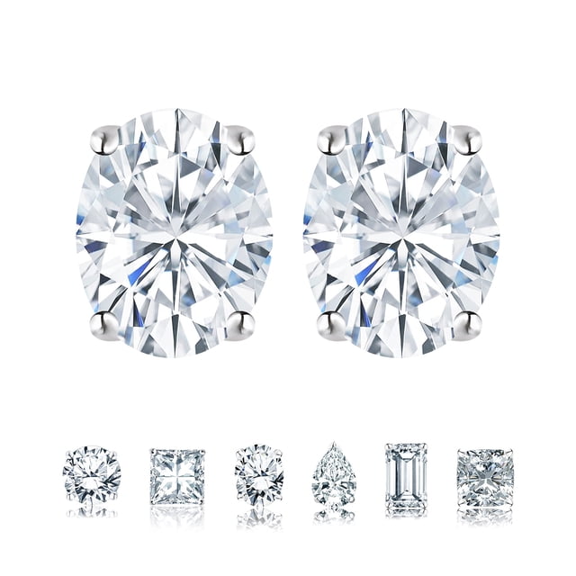 JeenMata Aros Solitarios de Moissanita de Corte Ovalado de 2 Quilates con 4 Puntas en Baño de Oro Blanco de 18 K sobre Plata
