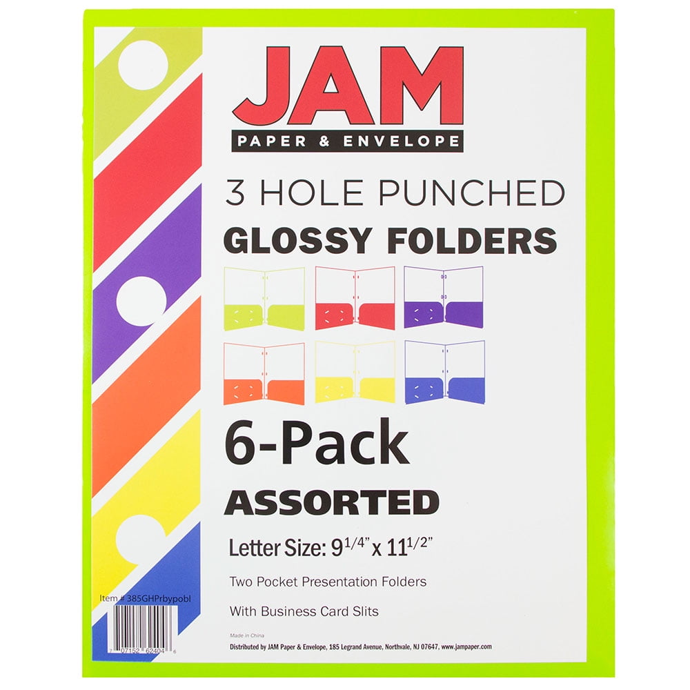 JAM Paper & Envelope Glossy 3 Hole Punch Folders, Multicolor, 6