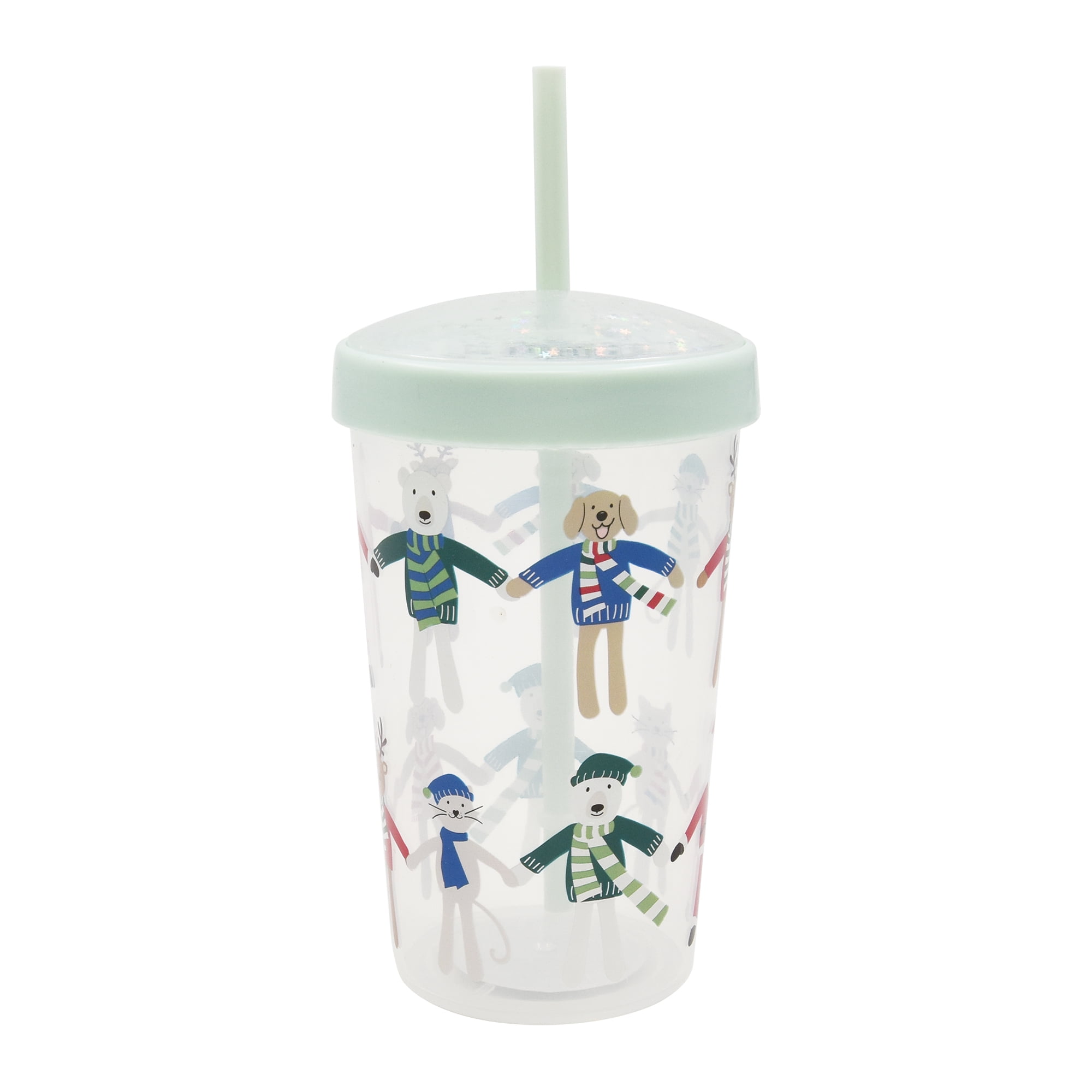Holiday Time Christmas Santa with Friends Plastic Tumbler with Straw, Blue Glitter Lid, Partyware, <ul><li>Holiday Time Christmas Santa with Friends Plastic Tumbler with Straw, Blue Glitter Lid</li><li>Featuring a cheerful blue design with Santa Claus is holding hands by his friends</li><li>Lightweight and reusable</li></ul>