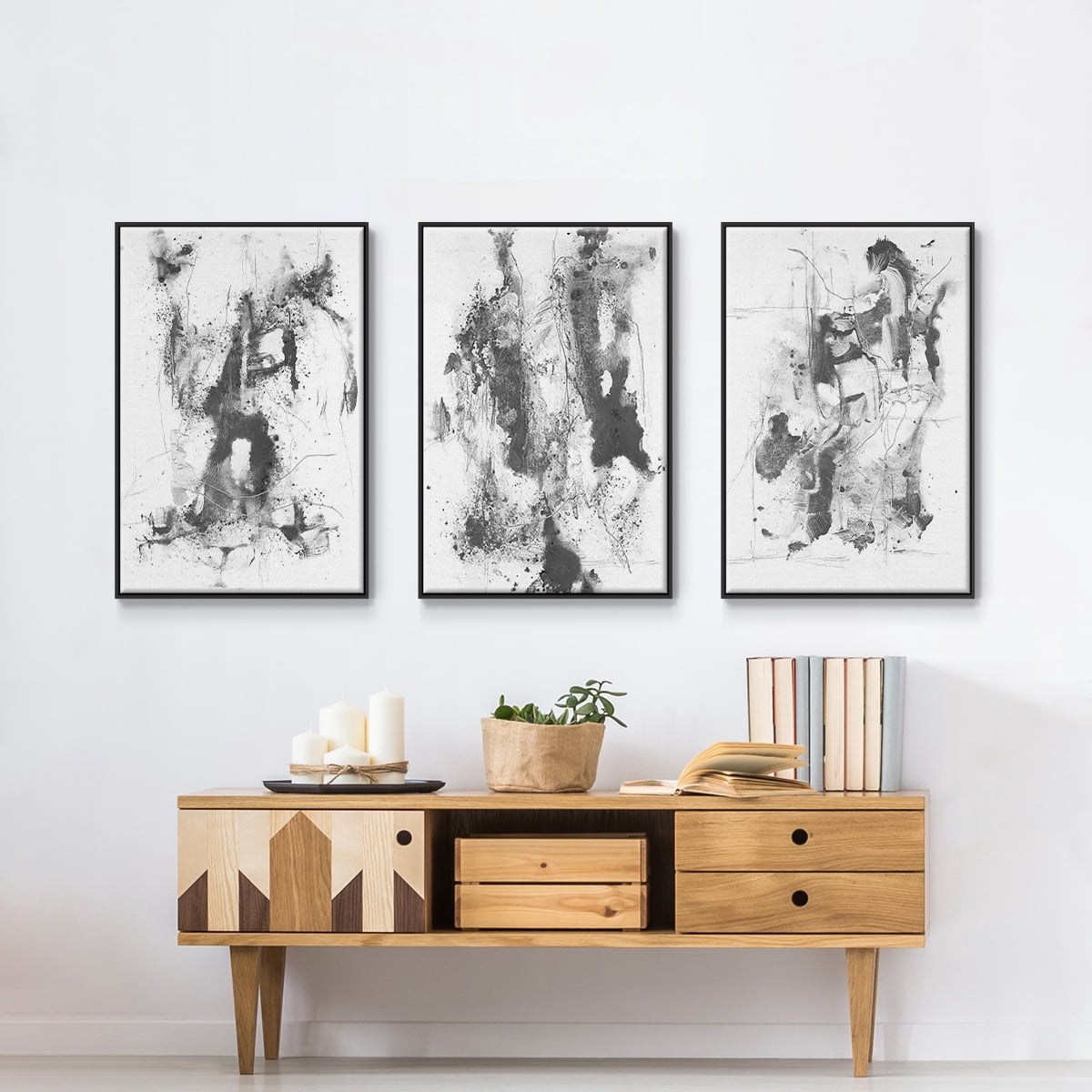 Graphite Abstract I - Framed Premium Gallery Wrapped Canvas L Frame 3 Piece Set - Ready to Hang