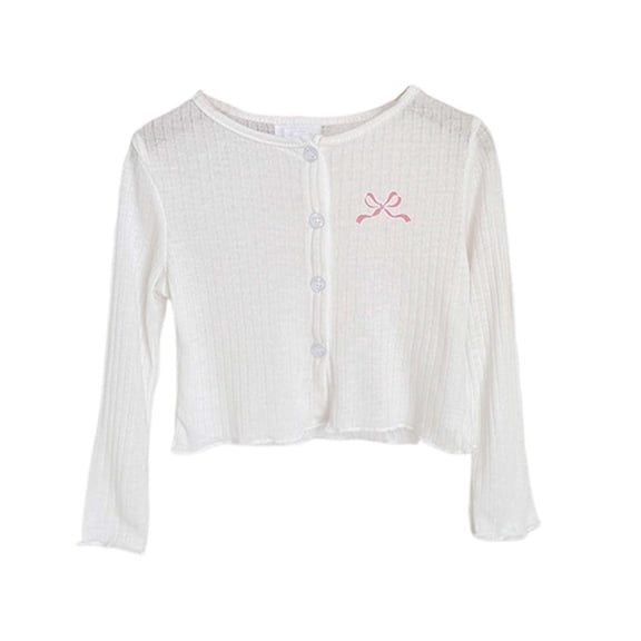 Ribbed Knit Cropped Cardigan For Girls Button Down Long Sleeve Crop Blouse Casual Lightweight Cute Bow Knot Outerwear Tops