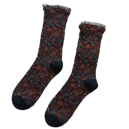 

Women Sweet Ruffle Lace Calf Socks Ethnic Multicolor Floral Jacquard Hosiery