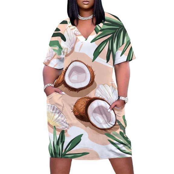Tropical Fruits with Exotic Flavors Summer Sundress for Curve Women Casual Pattern Plus Size V Neck Short Sleeve Loose Fit Oversize Dresses
