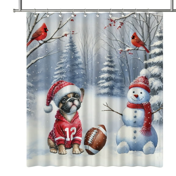 Hello Winter French Bulldog Football Snowman Welcome Snowy Morning Shower Curtain Dog Lover Gifts Waterproof Bathroom Bathtub Curtain - 01012