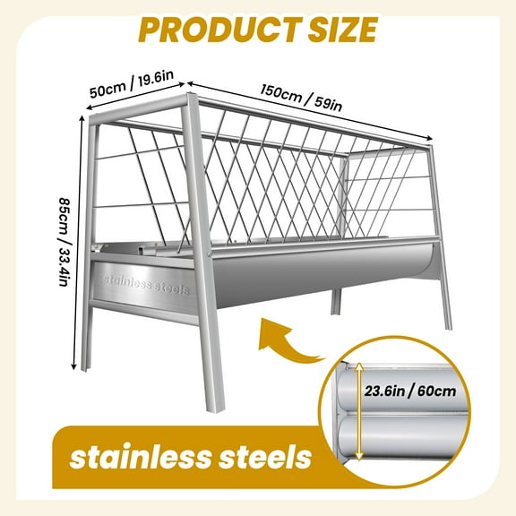 88 Gallon Sheep Feed Trough, Stainless Steel Sturdy Livestock Feeder 59x19.6x33.4in, Perfect for Pasture, Farm Environments with Sheep and Goats