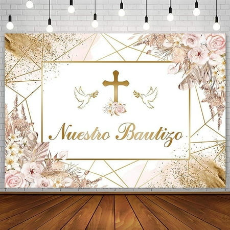Boho Mi Bautizo Backdrop Nuestro Bautizo Baptism God Bless First Holy Communion Christening Party Decorations Pink Floral Pampas Photography Background Banner Photo Booth Props Supplies
