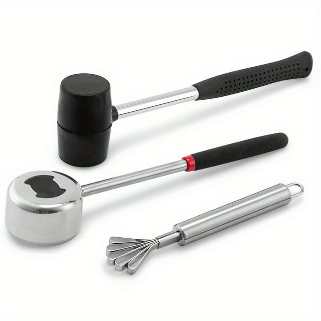 SUTENGDA Rubber Mallet Stainless Steel Meat Tenderizer Coconut Opener Three-Piece Set Coconut Cracker Tool