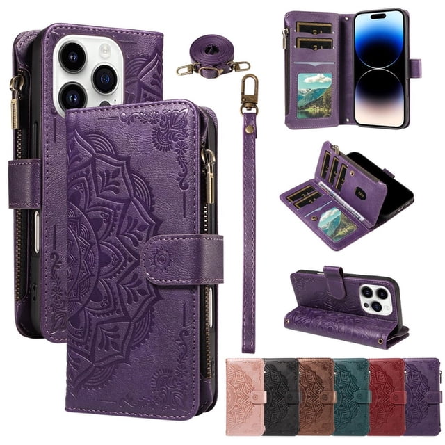 For iPhone 14 Pro Wallet Case, 9 Card Slots RFID Blocking Crossbody Leather Cover, Zipper Pocket, Detachable Wrist & Shoulder Strap, Magnetic Shockproof Protective Phone Case for Women,Purple