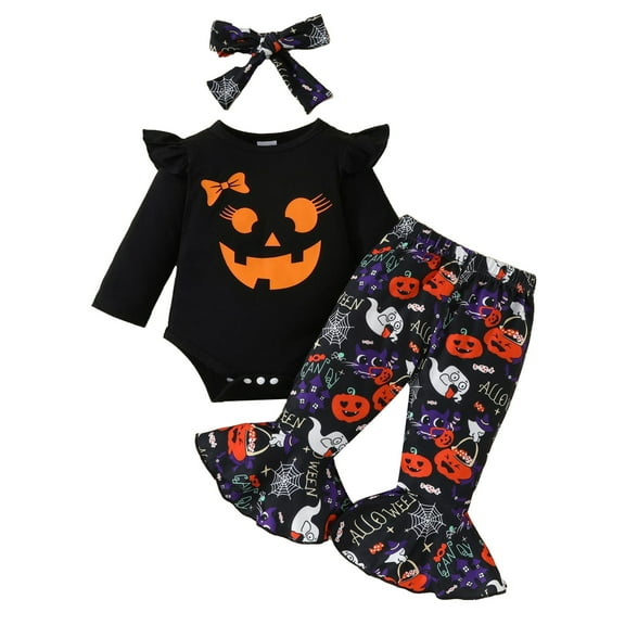 Mercatoo Toddler Baby Halloween Clothes Long Sleeve Romper Shirt Pumpkin Pattern Pants 3Pcs Set Baby Fall Winter Outfit