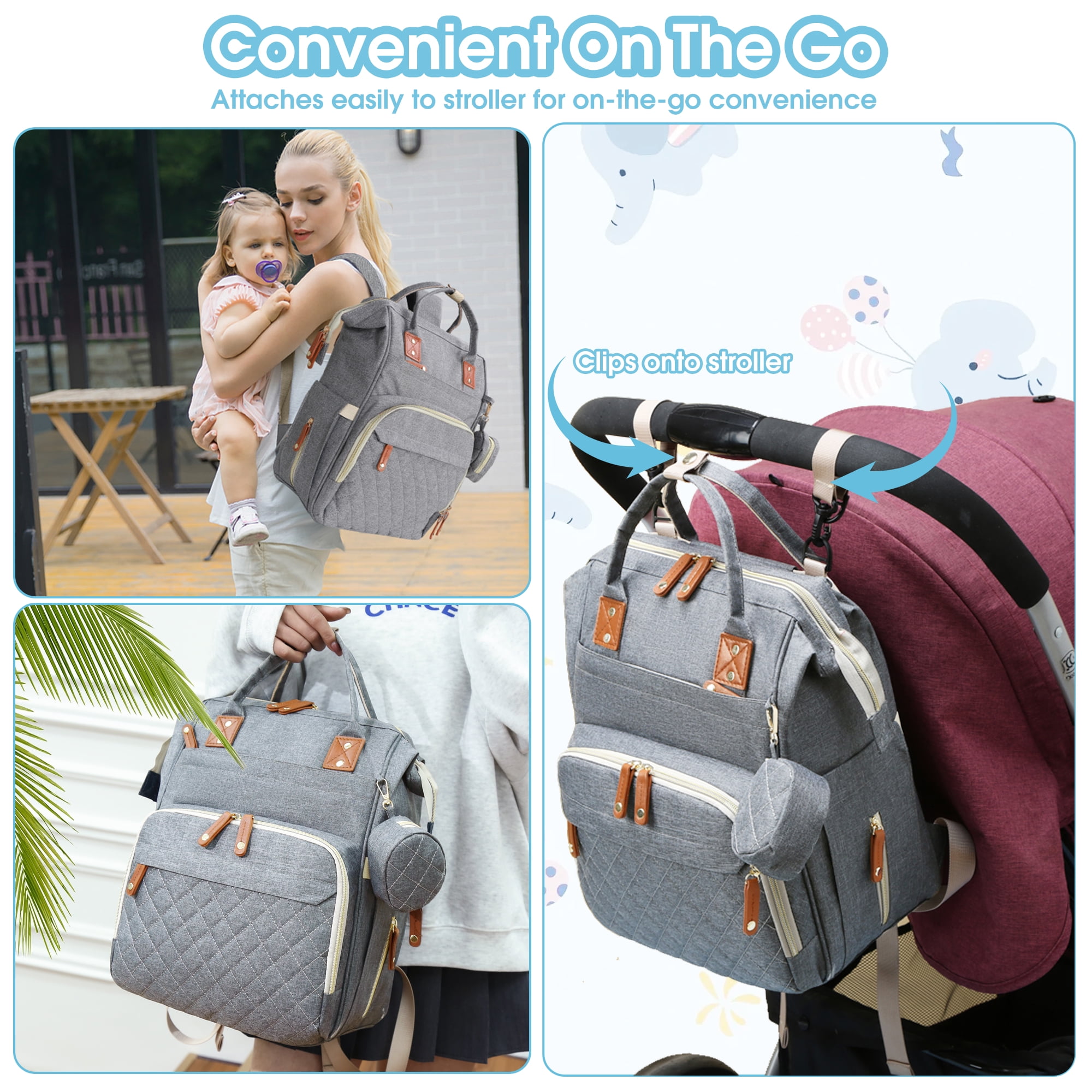 Posrue Diaper Bag Backpack, Portable Baby Bag Include Insulated Pocket, 3 In 1 Multi-Functional Travel Baby Diaper Bag with Diapers Changing Pad for Boys and Girls