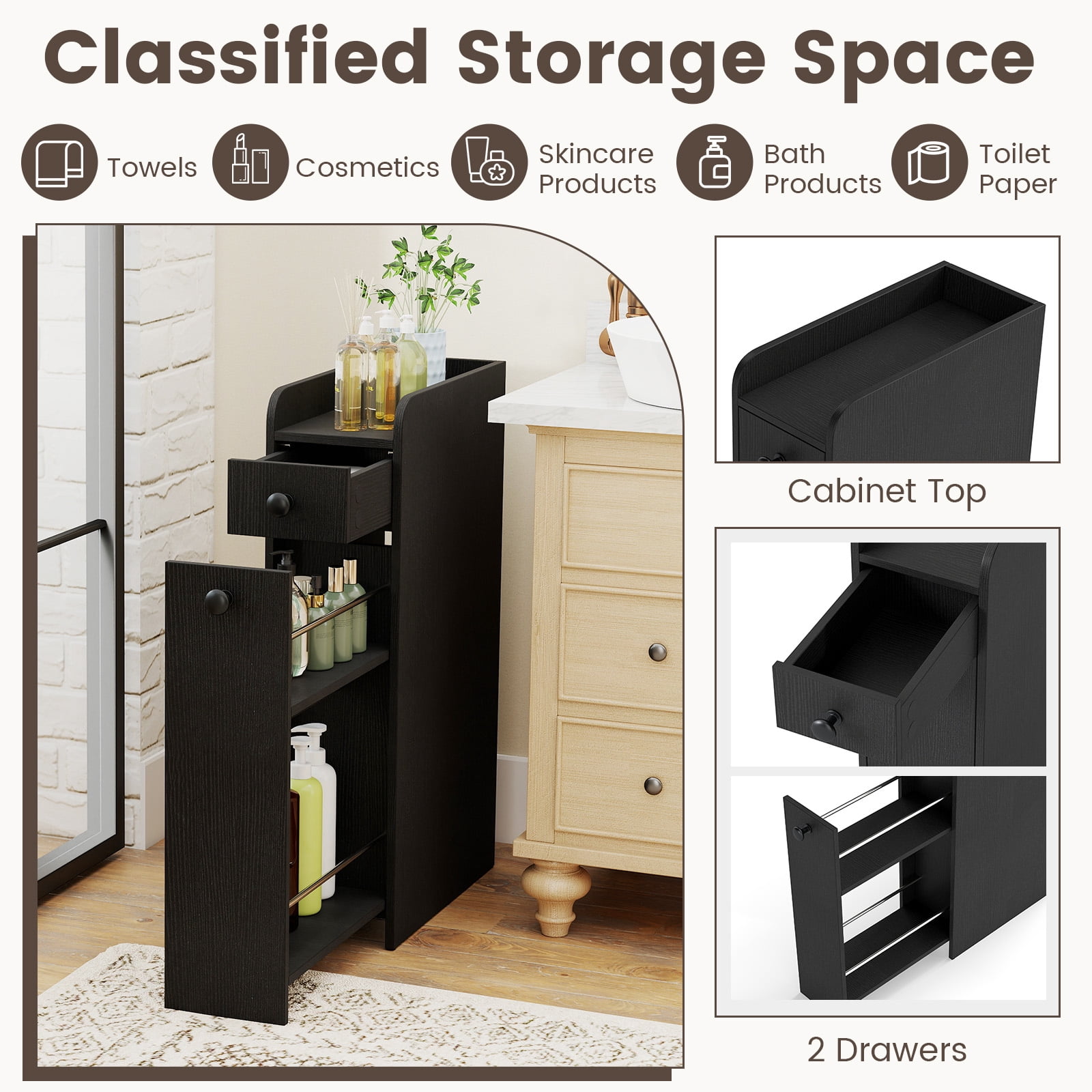 Gymax Slim Storage Cabinet Narrow Bathroom Cabinet w/ Slide Out Drawer & Spacious Top 2 Rolling Wheels Black