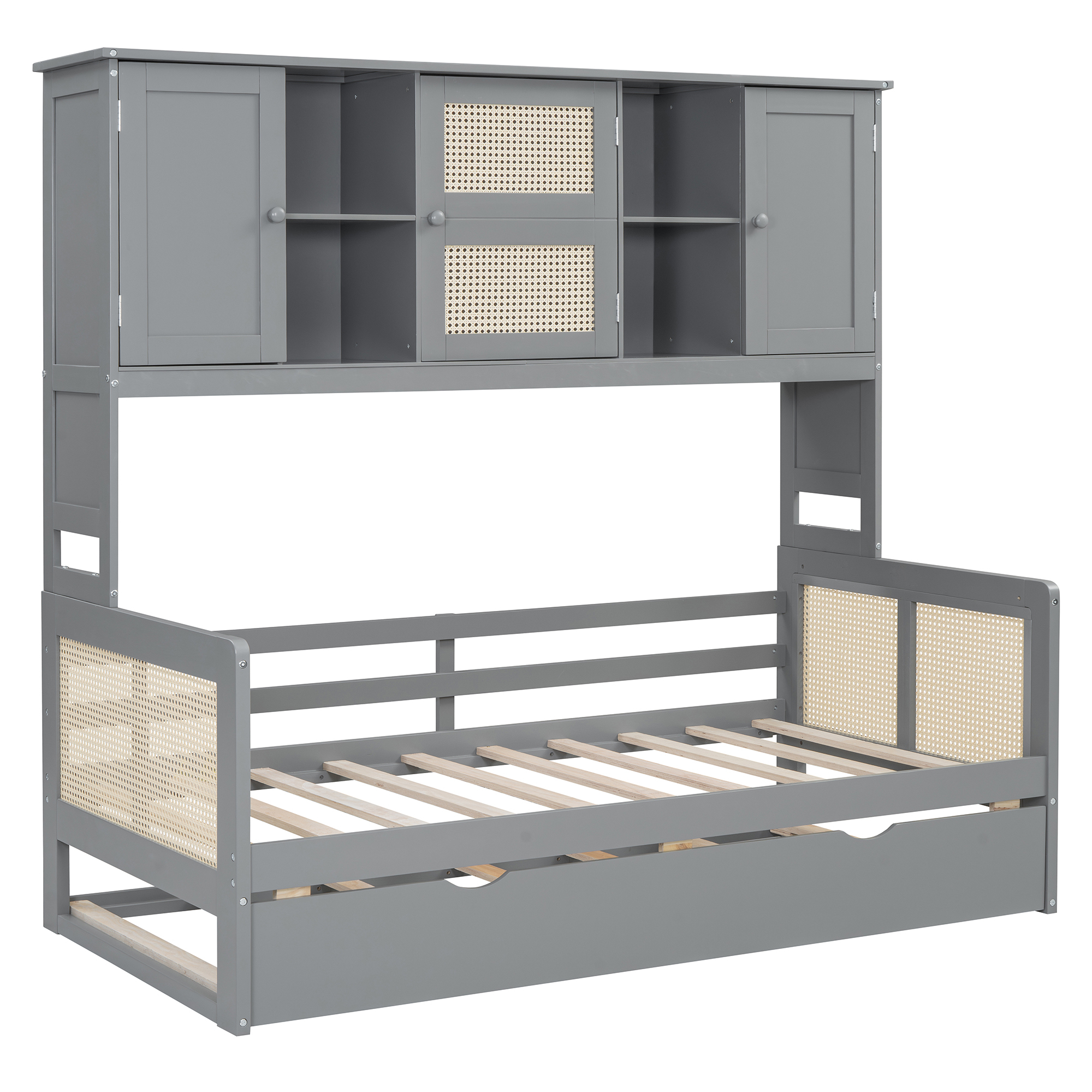 Euroco Wood Twin Size Platform Bed with Trundle, Captain Bed with Cabinets and Shelves, Gray