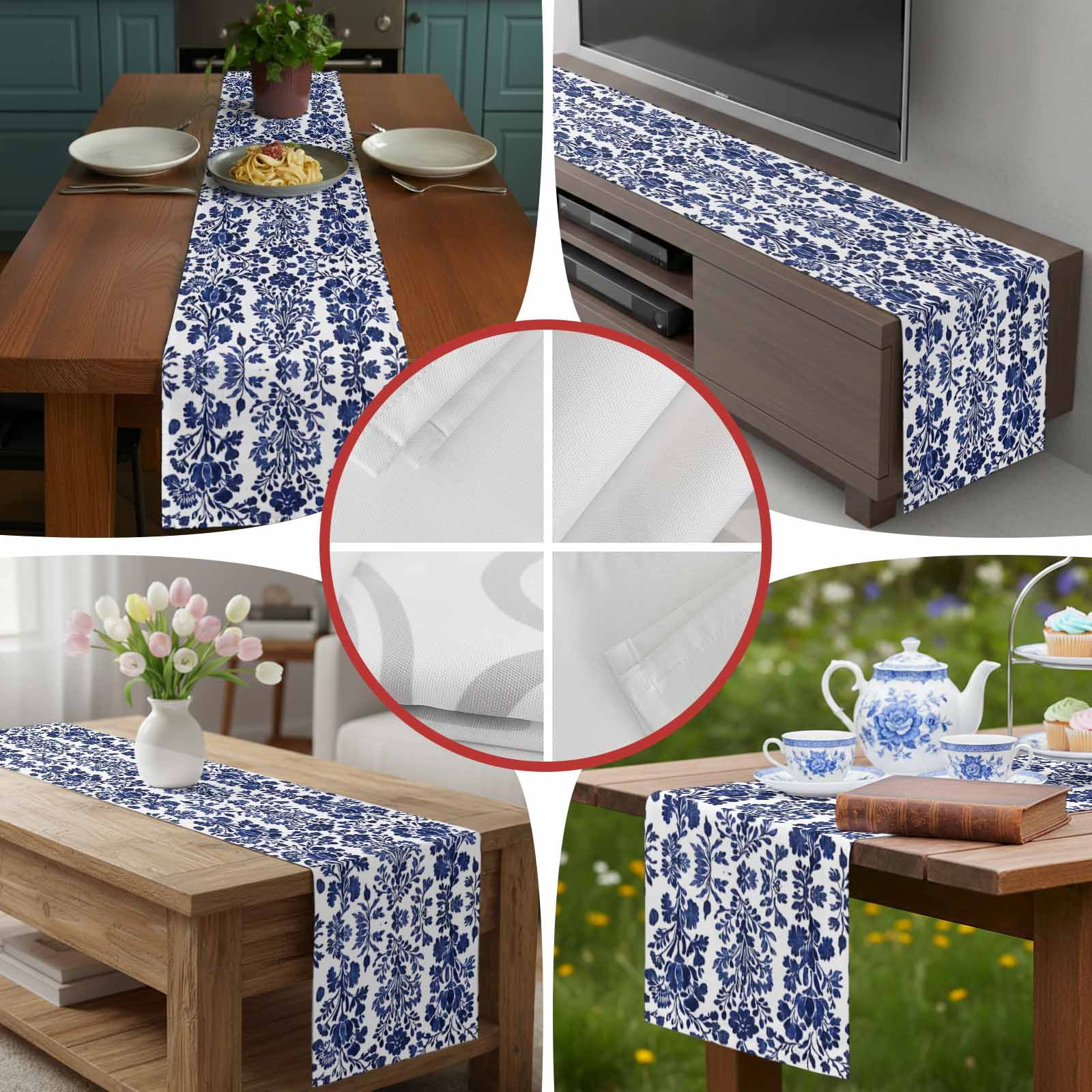 Blue Spring Floral 108 Inch Table Runner, Summer Botanical Farmhouse Farmhouse Dresser Scarf Cotton & Linen Tablerunner for Dining/Kitchen Island/Holiday Party Décor 13" x 108"