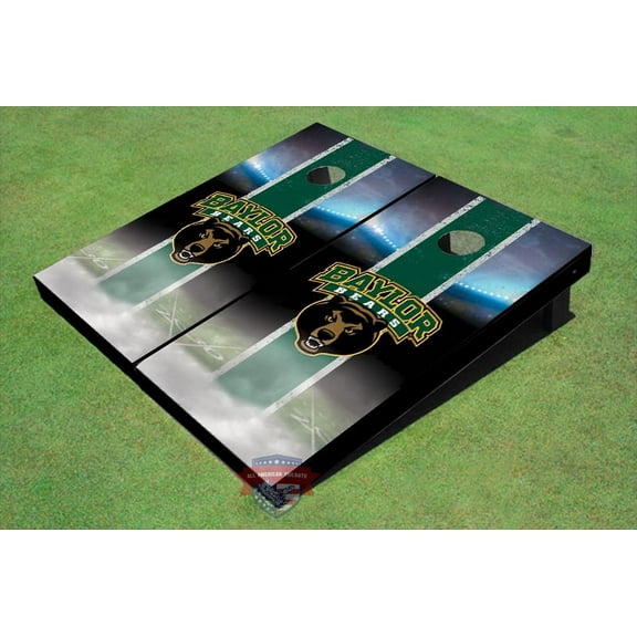 Baylor University Bear Head Field Long Strip Matching Hunter Green Themed Cornhole Boards
