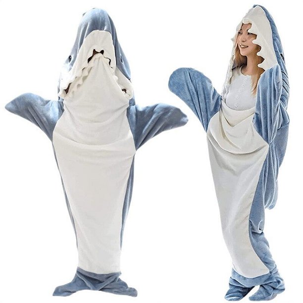 Pijama de tiburón de dibujos animados, saco de dormir, manta de siesta de tiburón de alta calidad con capucha, manta de franela cálida, ropa de casa divertida Fivean unisex