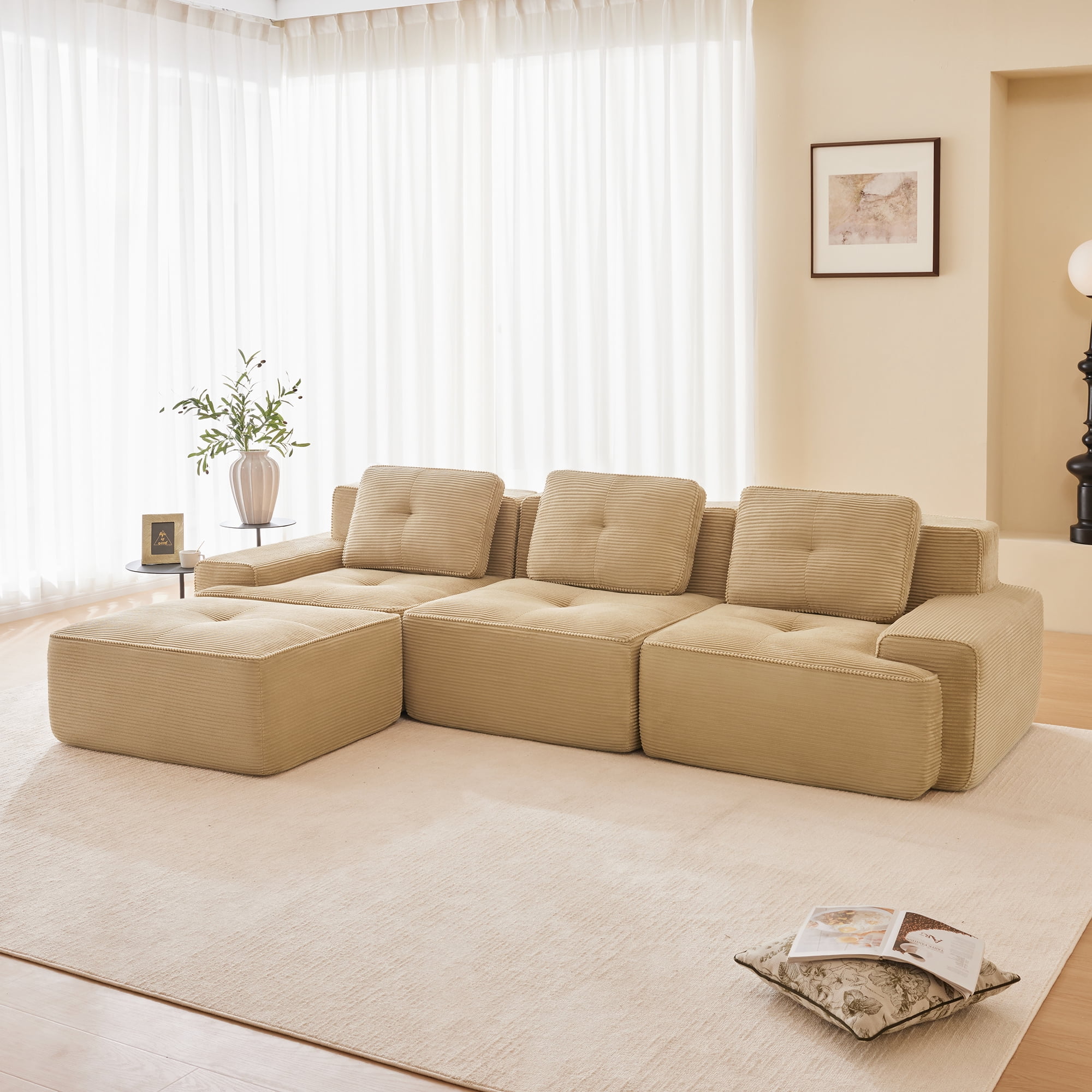 Yoneston 117" L-Shaped Modular Sectional Sofa 3 Seater Couch with Cushions and Ottoman, No Assembly Corduroy Sofa with Deep Seating for Living Room Bedroom Apartment, Camel