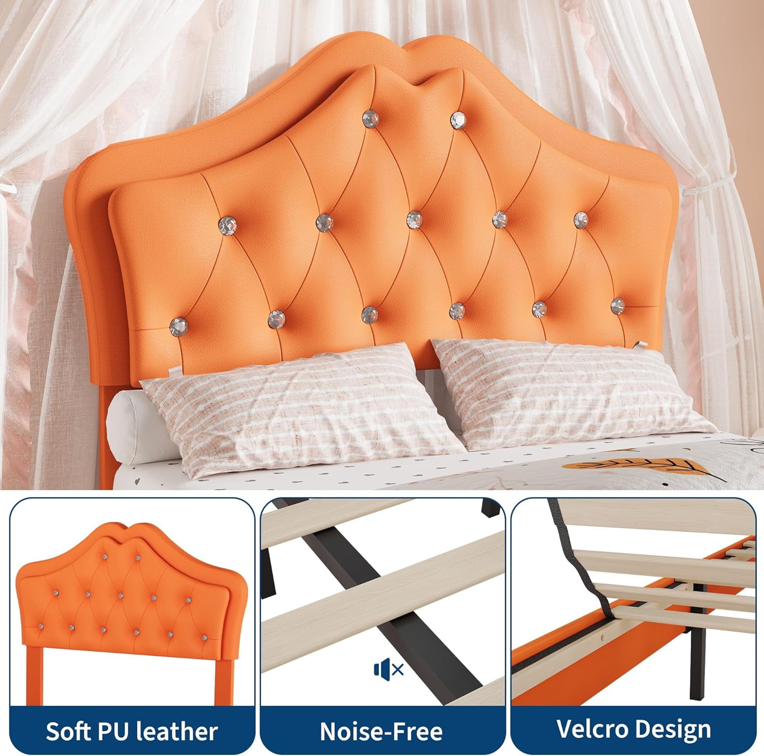 Twin Size Bed Frame with LED Lights & Velvet Upholstered Girls Platform Bed with Storage Drawers,No Box Spring Needed,Easy Assembly, Noise Free,Orange