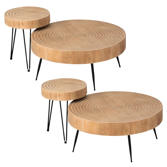 COZAYH 2 Piece Round Coffee Tables, Wooden Living Room Furniture, Ring Pattern, Set of 2