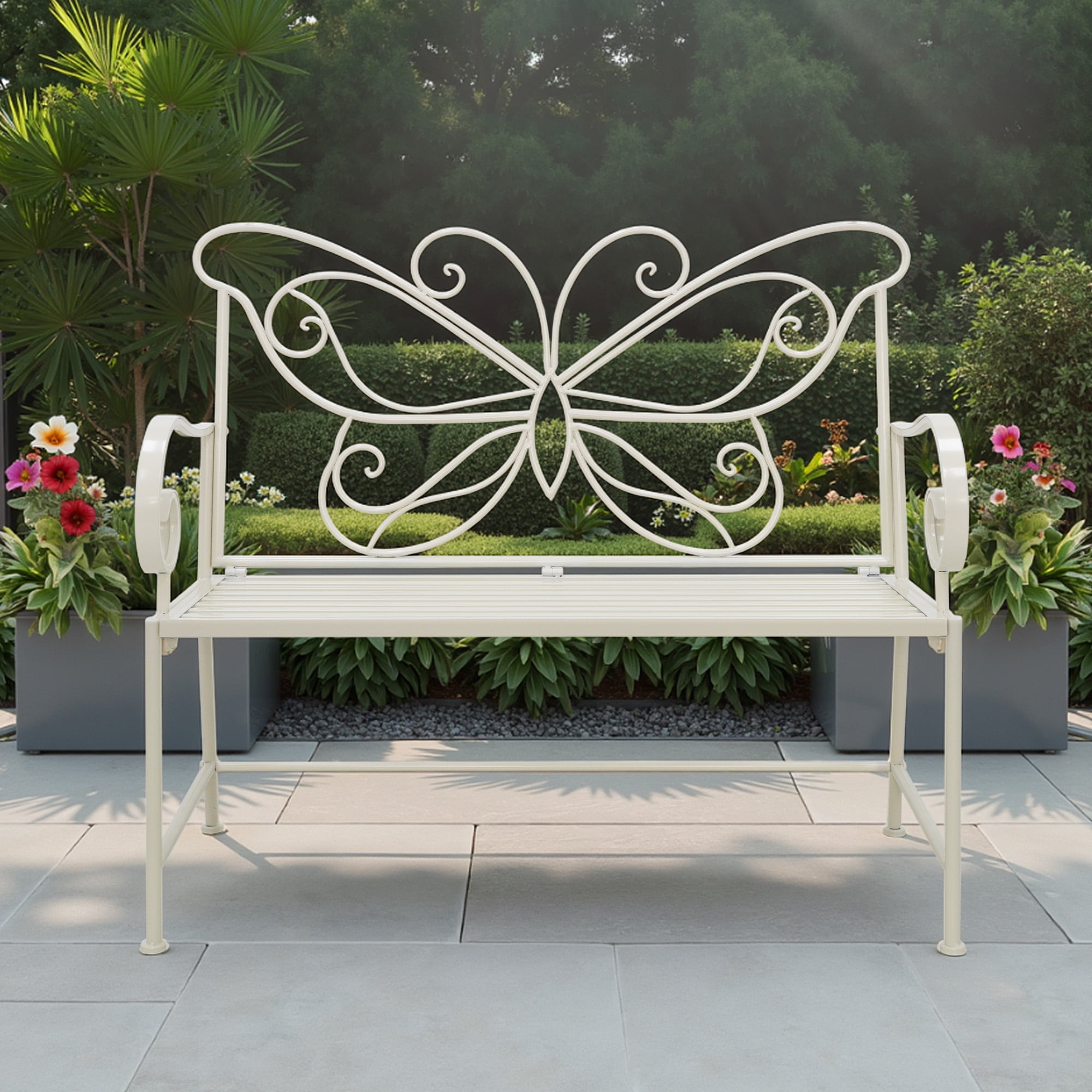 Abble 42" Outdoor Bench Metal Butterfly Design Patio Garden Bench for Porch Yard Lawn Patio Bench,  Ivory