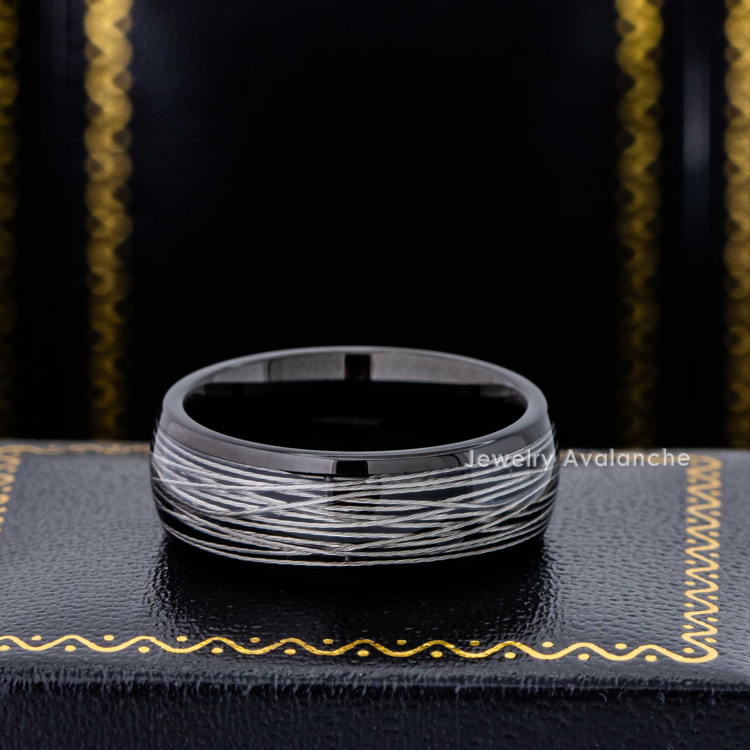 Jewelry Avalanche Wire Inlayed Black Dome Tungsten Carbide Wedding Band for Men, 8MM, size 9