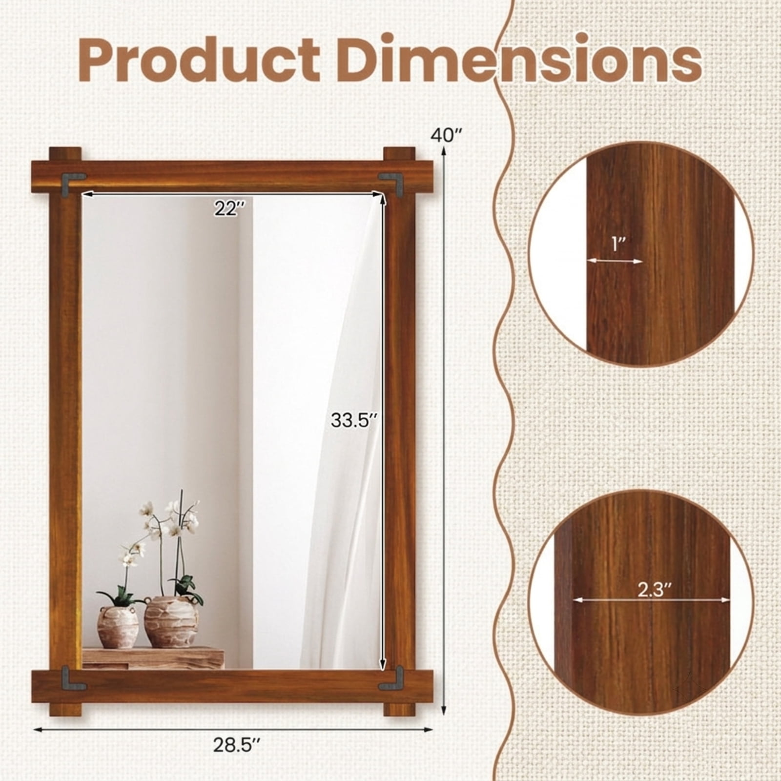 Vebreda 40" x 28.5" Wood Framed Wall Mirror with Acacia Wood Frame, Shatterproof HD Glass and Vintage Rivet Design, Brown