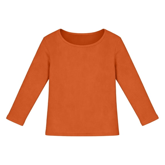 CPNG Girls Ribbed Knit Long Sleeve Shirts Kids Crewneck T Shirt Daily Classic Comfort Casual Pullover Blouse Tops(Orange,11-12 Years)