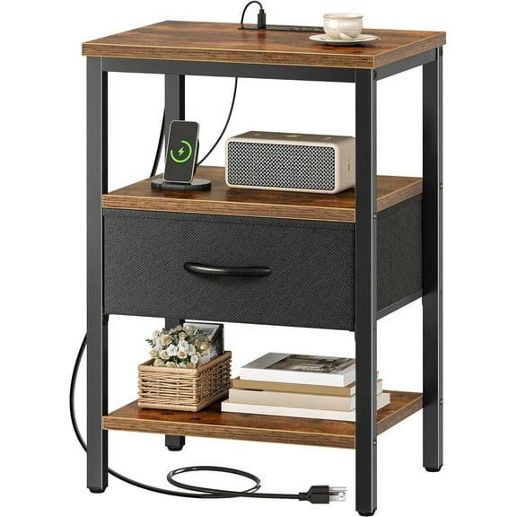 Nightstand with charging station, nightstand with adjustable fabric drawers, brown and black