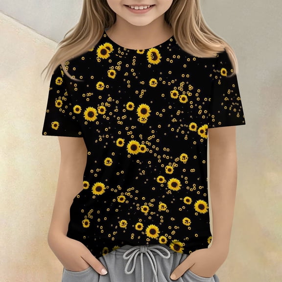 CCRFTGI Cute Shirts for Girls 10-12 Short Sleeve Sunflower Print Tween Girls Trendy Clothes Tee Shirts Summer Trendy Soft Lightweight Crew Neck Shirts Black 3-4 Years