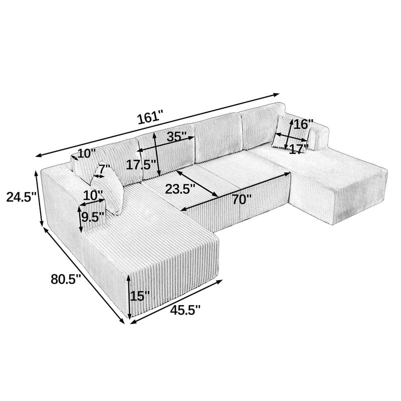 161" Oversized U Shaped Modular Sectional Sofa, Compressed Sofa in a Box, Modern Corduroy Deep Seat Couch, No Assembly Large Sectional Sofa for Living Room, Apartment, Bedroom, Beige