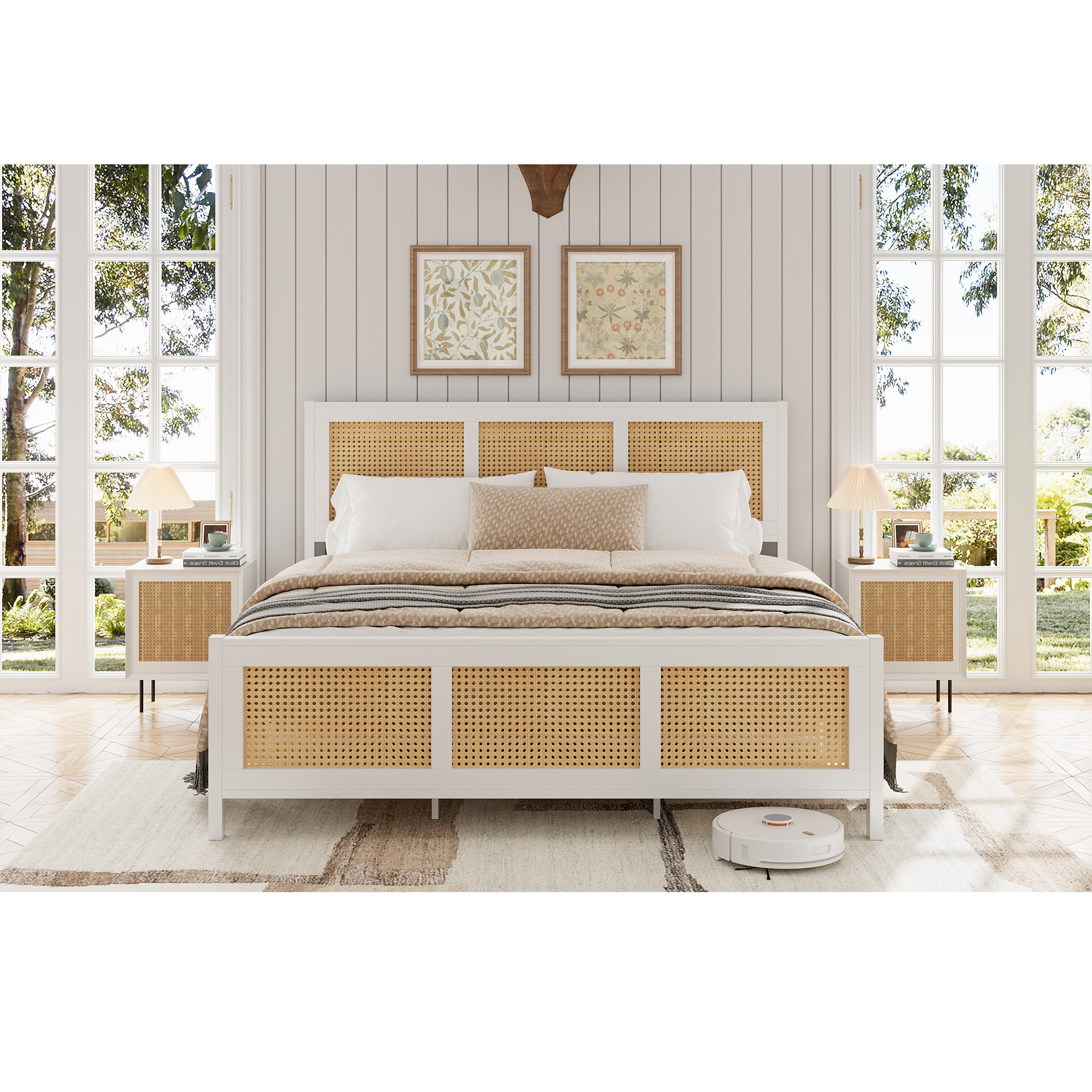 King Size Rattan Bed Frame, Boho Cane Platform Bed Frame, Modern Style with Headboard & Strong Metal Slat, No Box Spring Needed for Bed Room, White