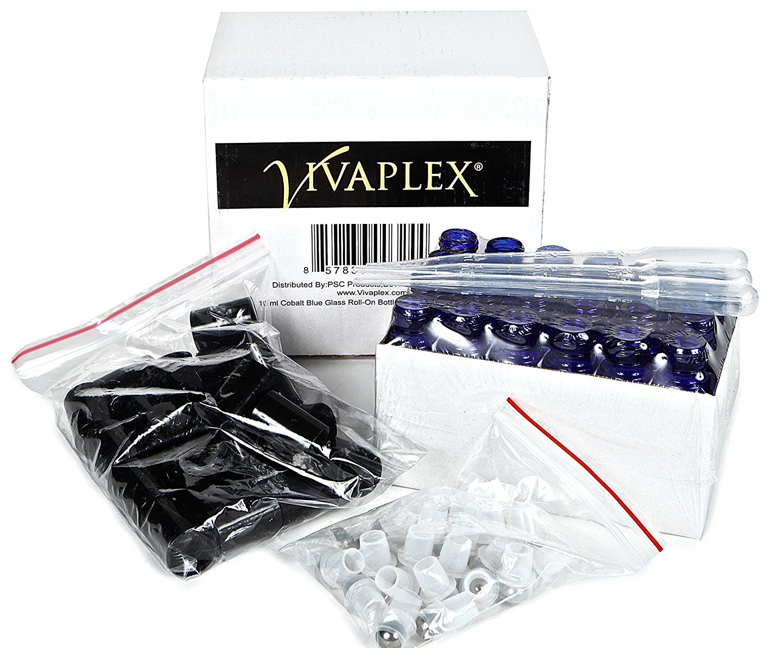 Vivaplex 24 Count Cobalt Blue Roll-on Bottles – 10 Ml Glass With Stainless Steel Balls, Includes 3 Droppers