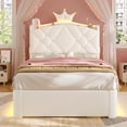 thumbnail image 5 of Twin LED Bed Frame with Storage Headboard & Drawer, Princess Upholstered Bed with Charging Station & Crystal Button & Crown, Velvet Platform Bed for Girls, Solid Wood Slats, Curved Legs, White, 5 of 10