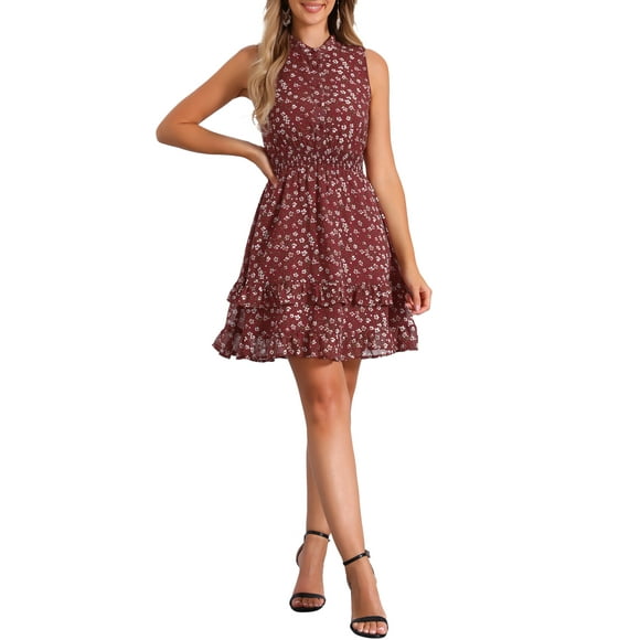 INSPIRE CHIC Women's Chiffon Dresses Smocked Chic Floral Sleeveless A-Line Mini Dress L Burgundy