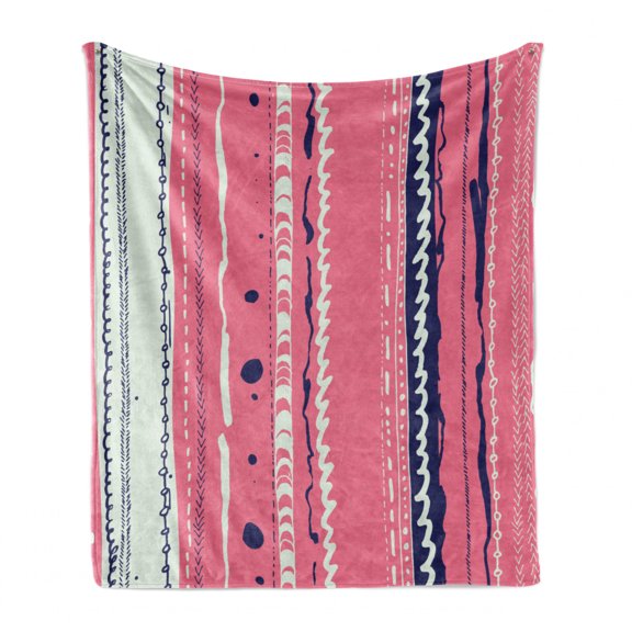 Coral Soft Flannel Fleece Throw Blanket, Doodle Lines Repeating Ornaments Vertical Stripes Abstract Pastel, Cozy Plush for Indoor and Outdoor Use, 50" x 60", Coral Indigo Coconut, by Ambesonne