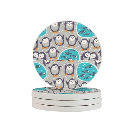 

Circular Drink Coasters Set Snow Funny Penguins Beautiful Home Decor Diatomite Heat-Resistant Diatomite Protect Table Countertop