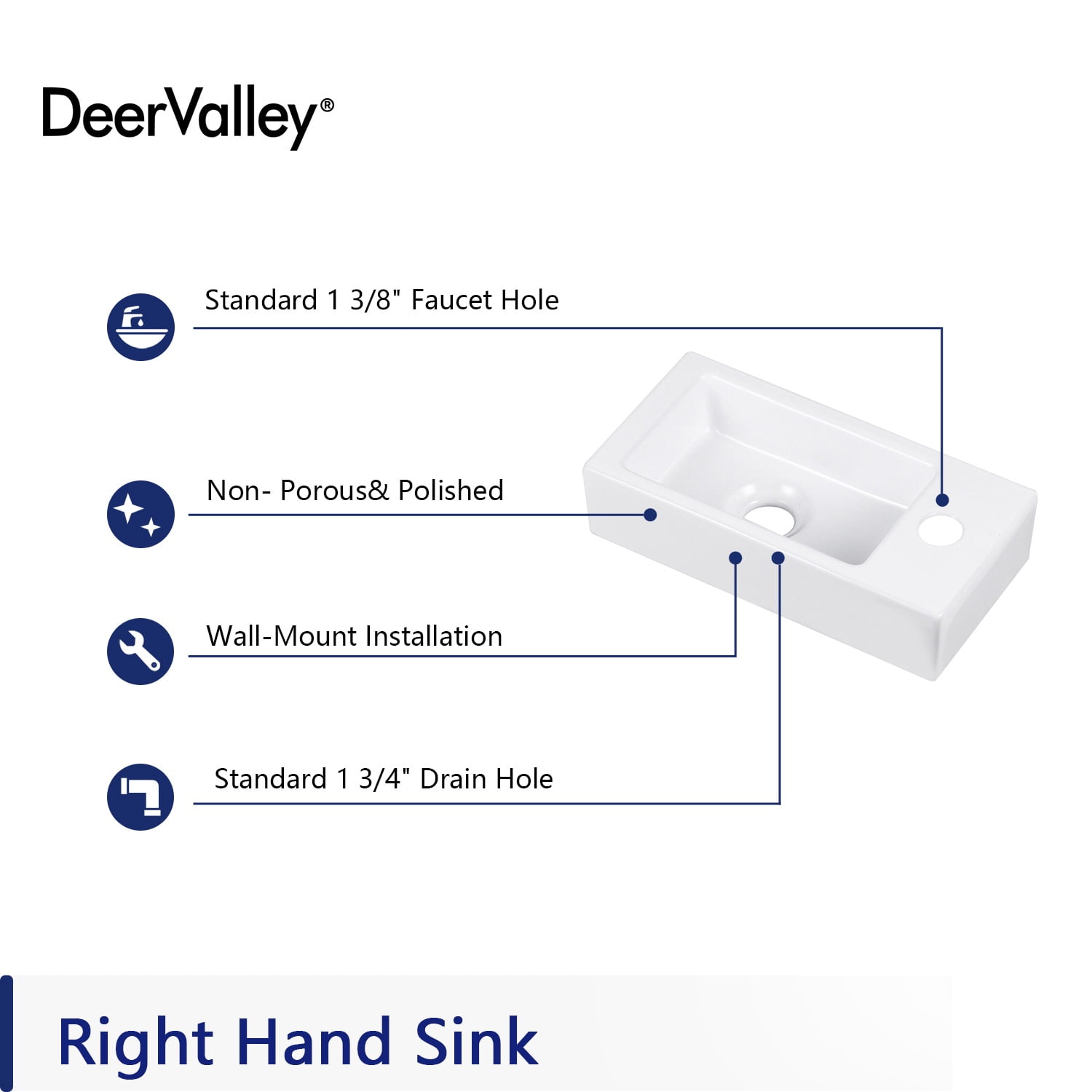 DeerValley DV-1V081R White Ceramic Rectangular 7'' Wall Mount Bathroom Sink