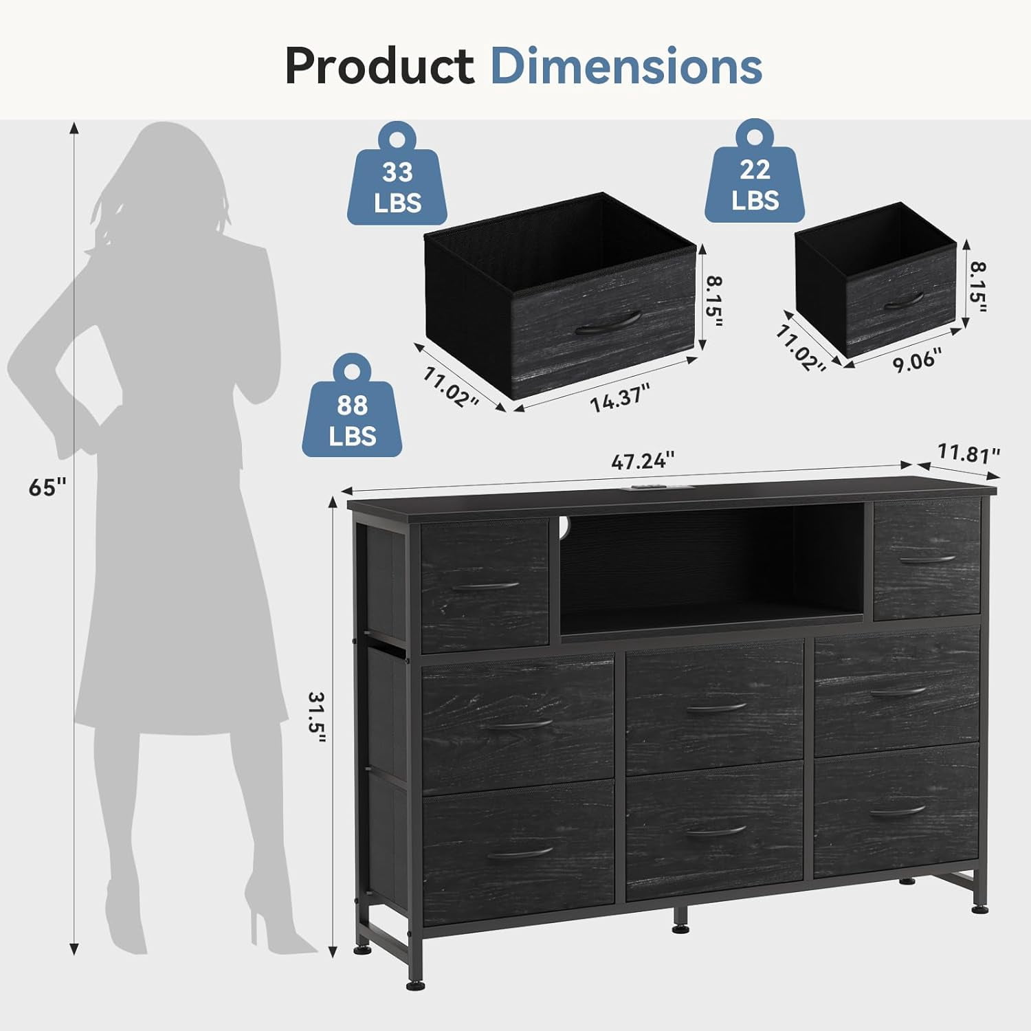 LED TV Stand for 50/55 inch TV, Dresser with 8 Fabric Drawers, Entertainment Center with Open Storage Shelves & Power Outlet, Tall Storage Chest for Bedroom, Living Room, Black Wood