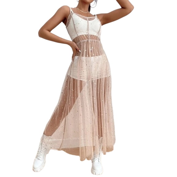 Women See Through Mesh Star Sequins Long Dress Sleeveless Split Front Pleated Swing Dresses Beach Cover Up for Swimsuit