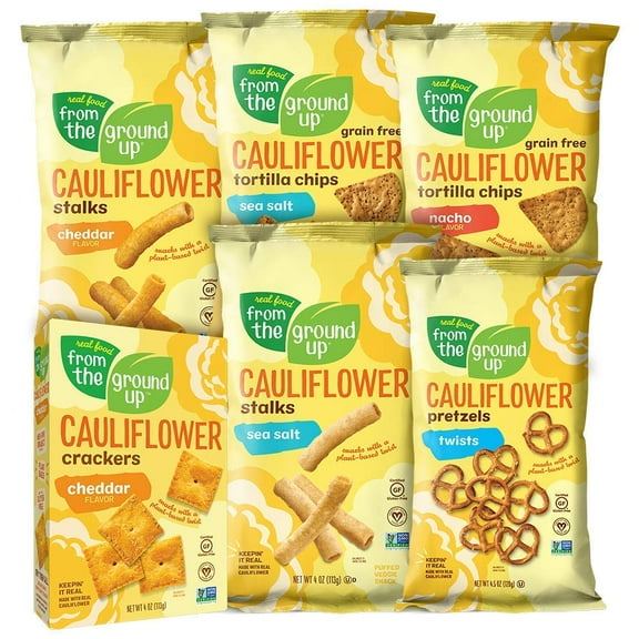 From the Ground Up Cauliflower Sampler Variety Pack (Sea Salt & Chedder Stalks, Sea Salt & Nacho Torilla Chips, Cheddar Crackers, & Pretzel Twists) (1 Ea) Variety Pack
