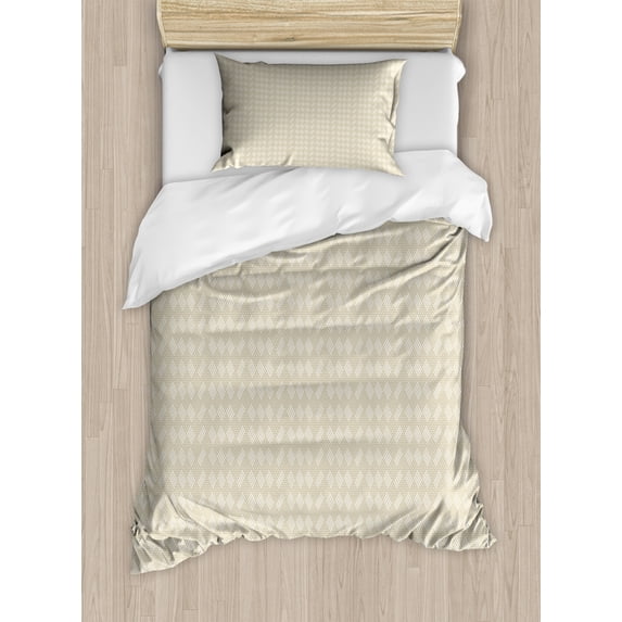 Abstract Geometry Duvet Cover Set Twin Size, Repetitive Monochrome Striped Squares Arrangement Illustration, Decorative 2 Piece Bedding Set with 1 Pillow Sham, Pale Sepia and White, by Ambesonne